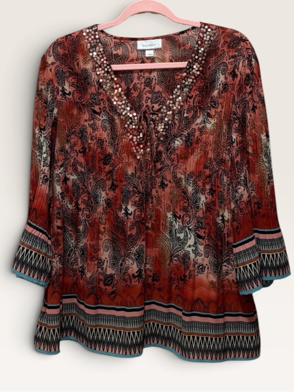 Dressbarn Paisley Sequin Boho Tunic Blouse Rust Black Women’s L